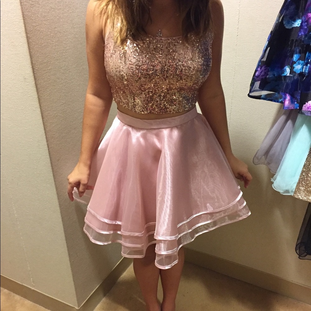 Pink two piece sparkle prom dress homecoming dress